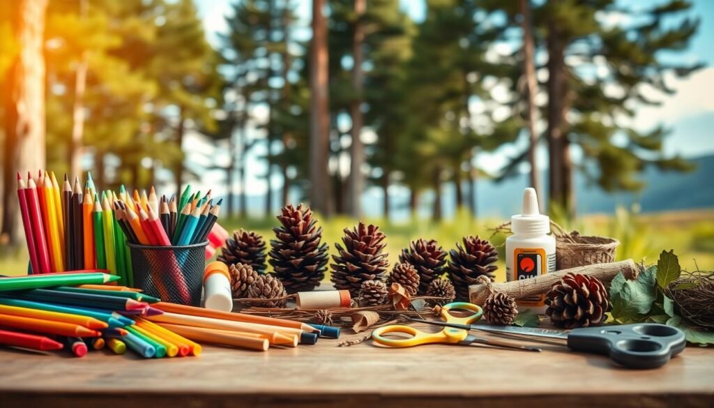 A well-lit, close-up still life scene of an array of camping craft supplies arranged on a wooden surface. In the foreground, various colorful arts and crafts materials such as colored pencils, markers, paint brushes, glue sticks, and scissors are neatly organized. In the middle ground, a collection of natural elements like pinecones, twigs, and leaves are carefully placed. In the background, a softly blurred outdoor landscape with towering trees and a bright blue sky creates a serene, outdoorsy atmosphere. The lighting is warm and diffused, highlighting the textures and details of the crafting items. The overall composition is balanced and visually appealing, conveying a sense of creativity and adventure perfect for a preschool camping craft project.