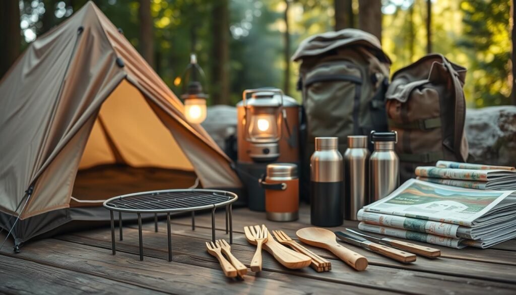 A well-lit outdoor scene of eco-friendly camping supplies arranged artfully on a wooden surface. In the foreground, a sturdy canvas tent, a metal campfire grate, and a set of reusable bamboo utensils. In the middle ground, a solar-powered lantern, a collapsible water filter, and a portable composting toilet. In the background, a hiking backpack made of recycled materials, a set of steel water bottles, and a stack of biodegradable trail maps. The lighting is natural and warm, creating a serene, rustic atmosphere. The focus is on the products themselves, showcasing their sustainable and environmentally-conscious design. A well-lit outdoor scene of eco-friendly camping supplies arranged artfully on a wooden surface. In the foreground, a sturdy canvas tent, a metal campfire grate, and a set of reusable bamboo utensils. In the middle ground, a solar-powered lantern, a collapsible water filter, and a portable composting toilet. In the background, a hiking backpack made of recycled materials, a set of steel water bottles, and a stack of biodegradable trail maps. The lighting is natural and warm, creating a serene, rustic atmosphere. The focus is on the products themselves, showcasing their sustainable and environmentally-conscious design.
