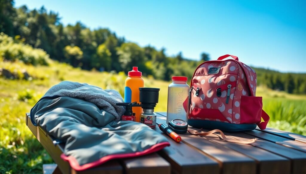 A well-lit, outdoor scene of kid-friendly camping gear arranged neatly on a wooden picnic table. In the foreground, a cozy sleeping bag, plush backpack, and colorful water bottle. In the middle ground, a mini camping stove, flashlight, and compass. In the background, a backdrop of lush greenery and a clear blue sky, captured with a wide-angle lens to create a sense of natural, adventurous ambiance. The scene conveys a mood of excitement and preparedness for a fun, safe camping trip for young explorers. A well-lit, outdoor scene of kid-friendly camping gear arranged neatly on a wooden picnic table. In the foreground, a cozy sleeping bag, plush backpack, and colorful water bottle. In the middle ground, a mini camping stove, flashlight, and compass. In the background, a backdrop of lush greenery and a clear blue sky, captured with a wide-angle lens to create a sense of natural, adventurous ambiance. The scene conveys a mood of excitement and preparedness for a fun, safe camping trip for young explorers.