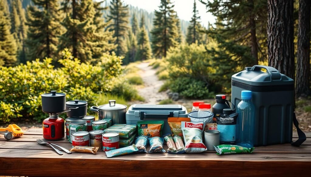 A well-lit outdoor scene with a wooden picnic table in the foreground, covered in an assortment of camping food essentials: a camp stove, cooking pots, utensils, a cooler, canned goods, energy bars, a water filter, and reusable water bottles. In the middle ground, a backdrop of lush green foliage and tall pine trees, with a small hiking trail leading off into the distance. The lighting is warm and natural, casting soft shadows and highlighting the textures of the materials. The overall atmosphere conveys a sense of preparedness, organization, and the joys of outdoor exploration. A well-lit outdoor scene with a wooden picnic table in the foreground, covered in an assortment of camping food essentials: a camp stove, cooking pots, utensils, a cooler, canned goods, energy bars, a water filter, and reusable water bottles. In the middle ground, a backdrop of lush green foliage and tall pine trees, with a small hiking trail leading off into the distance. The lighting is warm and natural, casting soft shadows and highlighting the textures of the materials. The overall atmosphere conveys a sense of preparedness, organization, and the joys of outdoor exploration.