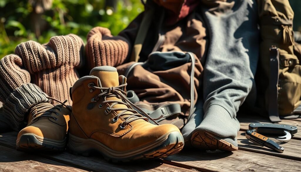 A well-lit outdoor scene with an assortment of essential camping clothing items arranged on a wooden surface. In the foreground, a sturdy pair of hiking boots, a thick wool sweater, and a waterproof jacket in earth-toned colors. In the middle ground, a cozy-looking beanie, a pair of quick-drying hiking pants, and a moisture-wicking base layer top. In the background, a weathered canvas backpack and a sturdy-looking utility knife or multi-tool. The lighting is natural, with soft shadows and highlights that accentuate the textures and materials of the items. The overall atmosphere conveys a sense of preparedness and adventure, perfect for a camping trip. A well-lit outdoor scene with an assortment of essential camping clothing items arranged on a wooden surface. In the foreground, a sturdy pair of hiking boots, a thick wool sweater, and a waterproof jacket in earth-toned colors. In the middle ground, a cozy-looking beanie, a pair of quick-drying hiking pants, and a moisture-wicking base layer top. In the background, a weathered canvas backpack and a sturdy-looking utility knife or multi-tool. The lighting is natural, with soft shadows and highlights that accentuate the textures and materials of the items. The overall atmosphere conveys a sense of preparedness and adventure, perfect for a camping trip.