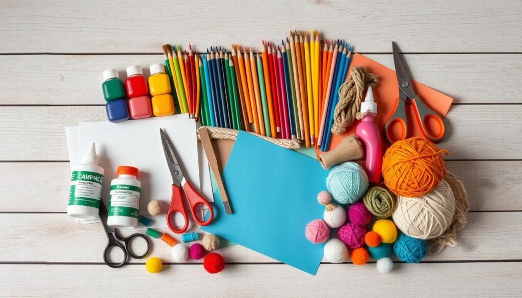 A well-lit studio shot of a neatly arranged collection of camping craft supplies, including vibrant paints, brushes, colored pencils, construction paper, scissors, glue, and various textured materials like felt, yarn, and pom-poms. The items are displayed on a rustic wooden table with a neutral background, creating a cozy, natural atmosphere. The lighting is soft and diffused, highlighting the textures and colors of the materials. The overall composition is balanced and visually appealing, showcasing the essential tools needed for engaging outdoor craft projects.