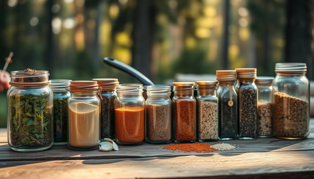 A well-organized and visually appealing collection of camping spices and seasonings. In the foreground, an assortment of glass jars filled with a variety of aromatic herbs, spices, and blends, such as oregano, thyme, smoked paprika, and garlic powder. The jars are arranged on a rustic wooden surface, casting warm, natural lighting across the scene. In the middle ground, a small cast-iron skillet, suggesting the preparation of a hearty outdoor meal. The background features a blurred, out-of-focus forest backdrop, evoking a tranquil, wilderness setting. The overall mood is one of elevated culinary exploration, perfect for enhancing the outdoor dining experience. A well-organized and visually appealing collection of camping spices and seasonings. In the foreground, an assortment of glass jars filled with a variety of aromatic herbs, spices, and blends, such as oregano, thyme, smoked paprika, and garlic powder. The jars are arranged on a rustic wooden surface, casting warm, natural lighting across the scene. In the middle ground, a small cast-iron skillet, suggesting the preparation of a hearty outdoor meal. The background features a blurred, out-of-focus forest backdrop, evoking a tranquil, wilderness setting. The overall mood is one of elevated culinary exploration, perfect for enhancing the outdoor dining experience.