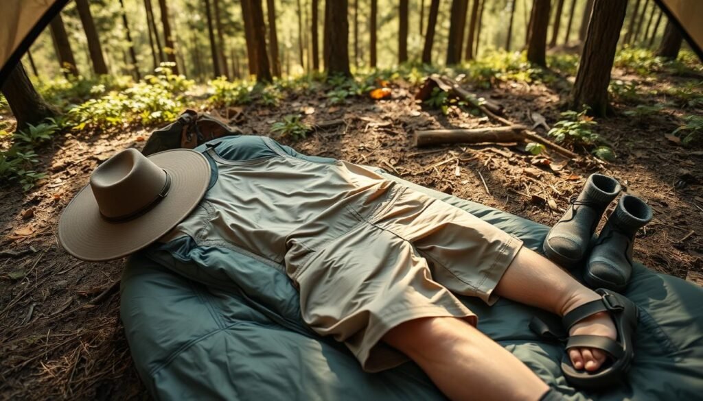 A well-organized campsite in a sun-dappled forest, with essential hot weather camping gear neatly arranged. A lightweight, breathable tank top and quick-dry hiking shorts in muted earth tones lay atop a compact sleeping bag. Nearby, a wide-brimmed hat, a pair of moisture-wicking socks, and a sturdy pair of hiking sandals stand ready. The scene is illuminated by soft, natural lighting, creating a warm, inviting atmosphere. The focus is on the practical, versatile items needed for comfortable camping in hot conditions. A well-organized campsite in a sun-dappled forest, with essential hot weather camping gear neatly arranged. A lightweight, breathable tank top and quick-dry hiking shorts in muted earth tones lay atop a compact sleeping bag. Nearby, a wide-brimmed hat, a pair of moisture-wicking socks, and a sturdy pair of hiking sandals stand ready. The scene is illuminated by soft, natural lighting, creating a warm, inviting atmosphere. The focus is on the practical, versatile items needed for comfortable camping in hot conditions.