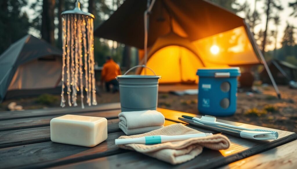 A well-organized campsite scene with various personal hygiene essentials laid out on a picnic table. In the foreground, a clean bar of soap, toothbrush, toothpaste, and washcloth are neatly arranged. The middle ground features a hanging camping shower, a bucket, and a small portable sink. In the background, a tent, hiking backpack, and other camping gear create a cozy, rustic atmosphere. Warm, golden lighting from the setting sun casts a natural glow over the scene, emphasizing the importance of maintaining proper hygiene while in the great outdoors. A well-organized campsite scene with various personal hygiene essentials laid out on a picnic table. In the foreground, a clean bar of soap, toothbrush, toothpaste, and washcloth are neatly arranged. The middle ground features a hanging camping shower, a bucket, and a small portable sink. In the background, a tent, hiking backpack, and other camping gear create a cozy, rustic atmosphere. Warm, golden lighting from the setting sun casts a natural glow over the scene, emphasizing the importance of maintaining proper hygiene while in the great outdoors.