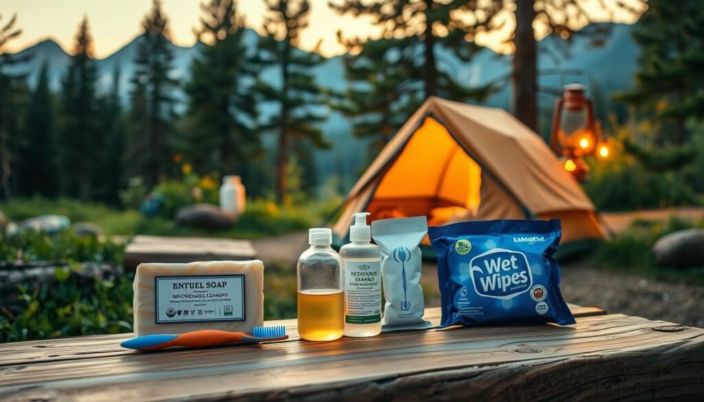 A well-organized campsite with a rustic wooden table in the foreground, holding an assortment of personal care essentials - a bar of natural soap, a toothbrush, a small bottle of biodegradable shampoo, and a pack of wet wipes. In the middle ground, a cozy tent with a warm, inviting glow from the lantern inside, surrounded by lush foliage and towering pine trees. The background depicts a picturesque mountain range, with a golden sunset casting a soft, ambient light across the scene. The overall mood is one of peaceful, natural simplicity, highlighting the practical yet essential items for maintaining personal hygiene while enjoying the great outdoors. A well-organized campsite with a rustic wooden table in the foreground, holding an assortment of personal care essentials - a bar of natural soap, a toothbrush, a small bottle of biodegradable shampoo, and a pack of wet wipes. In the middle ground, a cozy tent with a warm, inviting glow from the lantern inside, surrounded by lush foliage and towering pine trees. The background depicts a picturesque mountain range, with a golden sunset casting a soft, ambient light across the scene. The overall mood is one of peaceful, natural simplicity, highlighting the practical yet essential items for maintaining personal hygiene while enjoying the great outdoors.