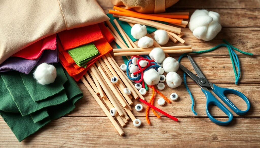 A well-organized collection of essential craft supplies for DIY camping activities, including colorful felt, wooden sticks, cotton balls, googly eyes, pipe cleaners, and scissors. The items are arranged on a rustic wooden surface, with soft natural lighting from the side, creating a warm and inviting atmosphere. The focus is on the materials themselves, allowing the viewer to imagine the creative possibilities for crafting engaging outdoor projects for children.