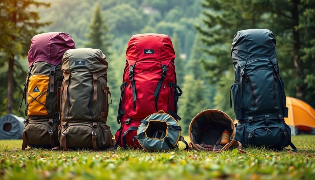 A well-organized collection of rugged, functional camping backpacks in the foreground, showcasing various sizes, styles, and features. In the middle ground, detailed shots highlighting the robust materials, padded straps, and thoughtful storage compartments. The background presents a serene, natural setting with lush greenery and hints of a campsite, conveying a sense of adventure and the great outdoors. The lighting is warm and natural, casting gentle shadows and highlighting the textures of the backpacks. The overall mood is one of preparedness, durability, and a longing for exploration. A well-organized collection of rugged, functional camping backpacks in the foreground, showcasing various sizes, styles, and features. In the middle ground, detailed shots highlighting the robust materials, padded straps, and thoughtful storage compartments. The background presents a serene, natural setting with lush greenery and hints of a campsite, conveying a sense of adventure and the great outdoors. The lighting is warm and natural, casting gentle shadows and highlighting the textures of the backpacks. The overall mood is one of preparedness, durability, and a longing for exploration.