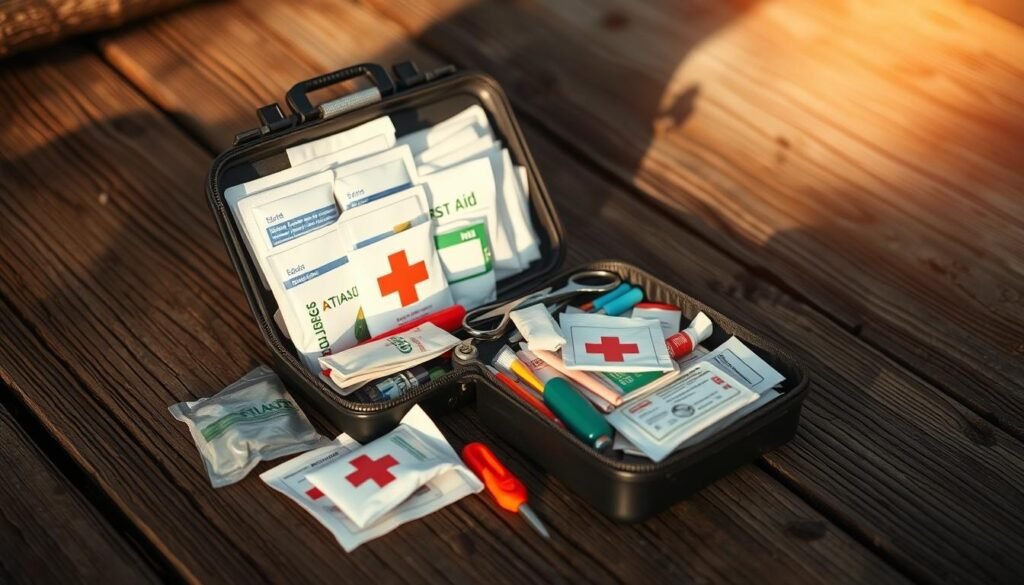 A well-stocked camping first aid kit on a weathered wooden surface, illuminated by soft natural lighting. The kit contains an array of medical supplies - bandages, antiseptic wipes, gauze pads, scissors, tweezers, and other essential items, neatly organized in a compact case. The lighting casts warm shadows, conveying a sense of preparedness and rugged self-reliance in the great outdoors. The background is slightly blurred, keeping the focus on the detailed, realistic first aid kit. A well-stocked camping first aid kit on a weathered wooden surface, illuminated by soft natural lighting. The kit contains an array of medical supplies - bandages, antiseptic wipes, gauze pads, scissors, tweezers, and other essential items, neatly organized in a compact case. The lighting casts warm shadows, conveying a sense of preparedness and rugged self-reliance in the great outdoors. The background is slightly blurred, keeping the focus on the detailed, realistic first aid kit.
