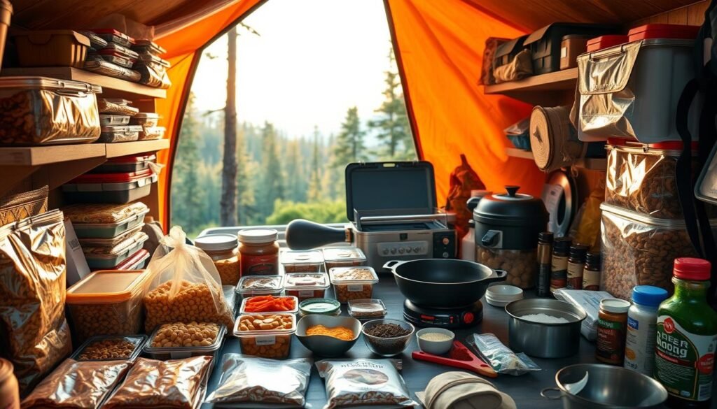 A well-stocked camping kitchen, filled with an array of neatly organized containers, meticulously prepared ingredients, and a selection of essential cooking tools. The scene is bathed in warm, golden lighting, creating a cozy and inviting atmosphere. In the foreground, a variety of dehydrated meals, pre-portioned snacks, and easy-to-assemble recipes are displayed, showcasing the diverse range of make-ahead camping food options. The middle ground features a compact camping stove, a sturdy cast-iron skillet, and a collection of spices and seasonings, hinting at the flavorful and satisfying meals that can be prepared on the trail. In the background, a glimpse of a serene forest landscape sets the stage for a peaceful and rejuvenating outdoor adventure. A well-stocked camping kitchen, filled with an array of neatly organized containers, meticulously prepared ingredients, and a selection of essential cooking tools. The scene is bathed in warm, golden lighting, creating a cozy and inviting atmosphere. In the foreground, a variety of dehydrated meals, pre-portioned snacks, and easy-to-assemble recipes are displayed, showcasing the diverse range of make-ahead camping food options. The middle ground features a compact camping stove, a sturdy cast-iron skillet, and a collection of spices and seasonings, hinting at the flavorful and satisfying meals that can be prepared on the trail. In the background, a glimpse of a serene forest landscape sets the stage for a peaceful and rejuvenating outdoor adventure.
