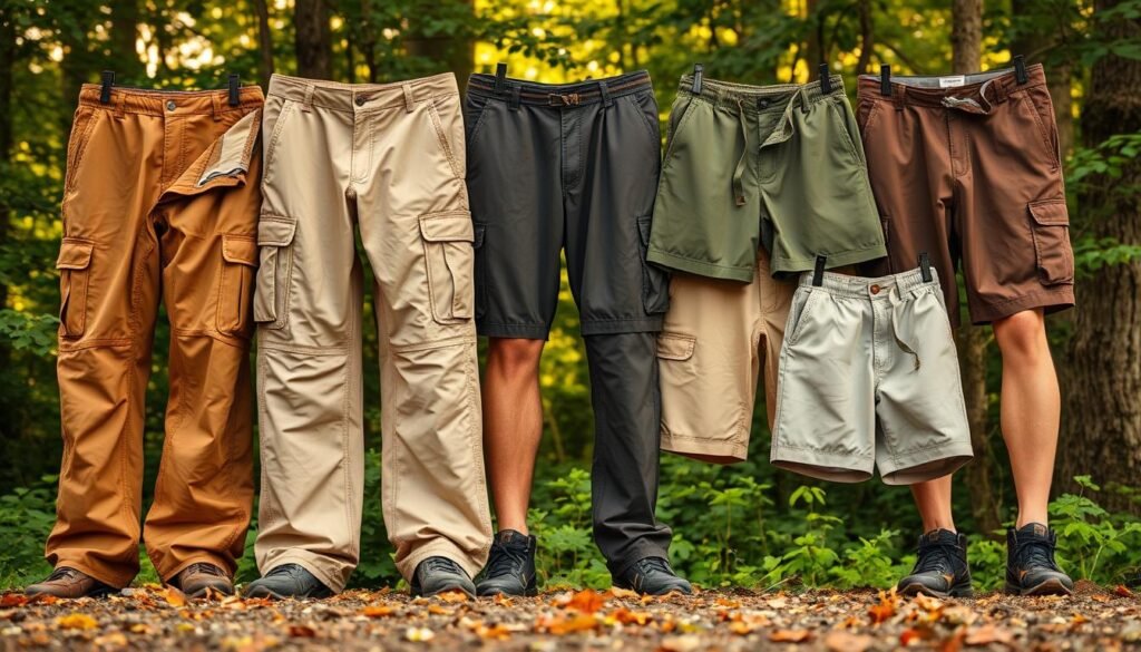 A well-stocked collection of durable, functional camping pants and shorts in various earth-toned hues and rugged fabrics. Spotlight a range of styles, including cargo-style pants with multiple pockets, convertible pants that zip off into shorts, classic khaki shorts, and breathable, moisture-wicking athletic shorts. The items are neatly arranged against a backdrop of lush, verdant forest foliage, with warm, diffused lighting casting a natural glow. The overall mood evokes an adventurous, outdoor-ready aesthetic suitable for hiking, trekking, and other backcountry pursuits. A well-stocked collection of durable, functional camping pants and shorts in various earth-toned hues and rugged fabrics. Spotlight a range of styles, including cargo-style pants with multiple pockets, convertible pants that zip off into shorts, classic khaki shorts, and breathable, moisture-wicking athletic shorts. The items are neatly arranged against a backdrop of lush, verdant forest foliage, with warm, diffused lighting casting a natural glow. The overall mood evokes an adventurous, outdoor-ready aesthetic suitable for hiking, trekking, and other backcountry pursuits.