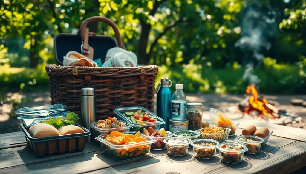 A well-stocked picnic basket filled with an assortment of delectable make-ahead camping lunches rests on a weathered wooden table. Sunlight filters through the canopy of lush, verdant foliage, casting a warm, natural glow. In the foreground, neatly packed containers hold a variety of wholesome, portable meals - from hearty sandwiches and salads to energy-boosting snacks. The middle ground showcases a thermos, utensils, and reusable water bottles, complementing the rustic, outdoor setting. In the background, a distant campfire smolders, hinting at the adventurous spirit of the scene. The overall atmosphere exudes a sense of tranquility and preparedness, inviting the viewer to savor a satisfying, hassle-free midday meal amidst the beauty of the great outdoors. A well-stocked picnic basket filled with an assortment of delectable make-ahead camping lunches rests on a weathered wooden table. Sunlight filters through the canopy of lush, verdant foliage, casting a warm, natural glow. In the foreground, neatly packed containers hold a variety of wholesome, portable meals - from hearty sandwiches and salads to energy-boosting snacks. The middle ground showcases a thermos, utensils, and reusable water bottles, complementing the rustic, outdoor setting. In the background, a distant campfire smolders, hinting at the adventurous spirit of the scene. The overall atmosphere exudes a sense of tranquility and preparedness, inviting the viewer to savor a satisfying, hassle-free midday meal amidst the beauty of the great outdoors.