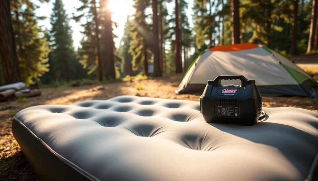 A well-used, rugged Coleman QuickPump air mattress lies in a tranquil outdoor campsite. Sunlight filters through tall pine trees, casting a warm glow on the campsite's natural surroundings. The mattress is inflated, its surface smooth and inviting, ready to provide a comfortable night's sleep after a day of hiking and exploring. The pump, with its compact design and easy-to-use controls, sits nearby, a testament to its reliability and convenience. The scene evokes a sense of relaxation and rejuvenation, the perfect accompaniment to the "Coleman QuickPump: The Ultimate Outdoor Companion" section of the article. A well-used, rugged Coleman QuickPump air mattress lies in a tranquil outdoor campsite. Sunlight filters through tall pine trees, casting a warm glow on the campsite's natural surroundings. The mattress is inflated, its surface smooth and inviting, ready to provide a comfortable night's sleep after a day of hiking and exploring. The pump, with its compact design and easy-to-use controls, sits nearby, a testament to its reliability and convenience. The scene evokes a sense of relaxation and rejuvenation, the perfect accompaniment to the "Coleman QuickPump: The Ultimate Outdoor Companion" section of the article.
