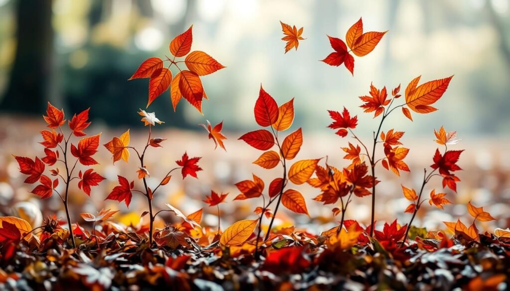 A whimsical arrangement of autumn leaves, meticulously crafted into delicate sculptures and silhouettes. Vibrant reds, golds, and greens dance across the frame, creating a captivating natural artwork. The foreground showcases intricate leaf patterns, each piece carefully curated and positioned. In the middle ground, the leaves form abstract shapes and patterns, while the background features a soft, blurred natural setting - perhaps a forest floor or a serene garden. The lighting is soft and diffused, highlighting the texture and hues of the leaves. The overall mood is one of tranquility and wonder, inviting the viewer to pause and appreciate the beauty of nature's discarded treasures.