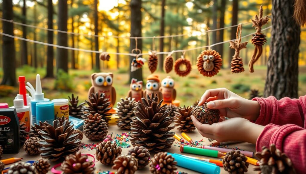 A whimsical scene showcasing a variety of creative pinecone crafts for kids. In the foreground, a table is covered in pinecones of different sizes and colors, along with an assortment of craft supplies - paints, glue, ribbons, and more. A child's hand is carefully decorating a pinecone with colorful glitter and sequins. In the middle ground, several finished pinecone crafts are displayed, such as pinecone owls, pinecone garlands, and pinecone Christmas ornaments. The background features a lush, natural setting with towering trees and a warm, golden-hour lighting that casts a cozy, inviting atmosphere. The overall scene evokes a sense of creativity, imagination, and outdoor adventure.