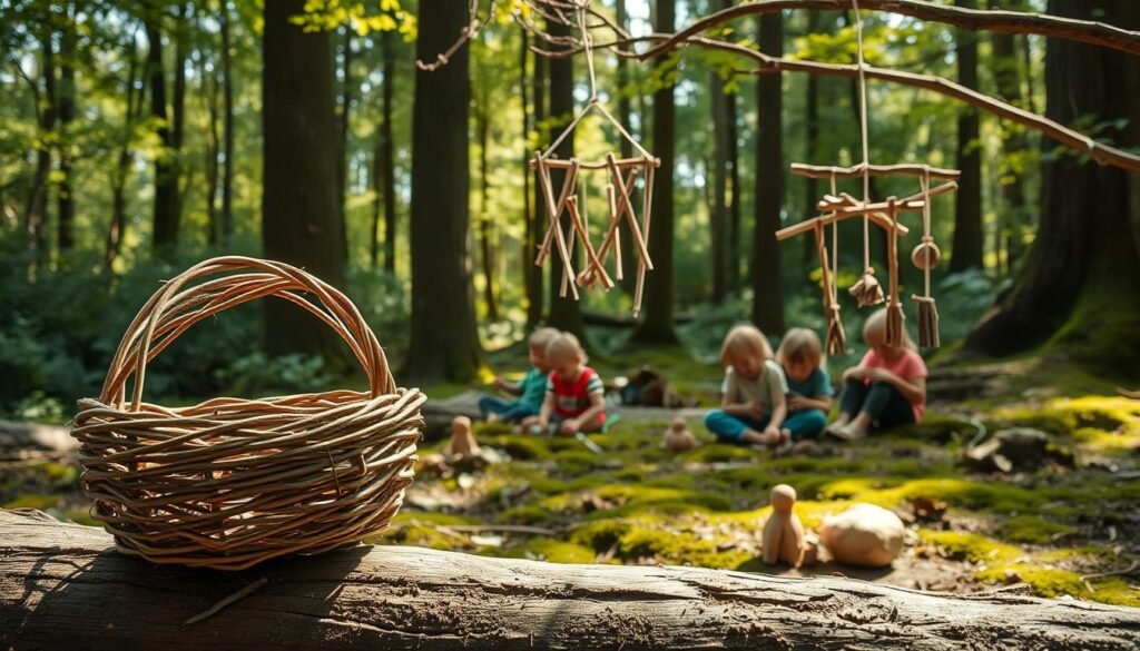 A woodland scene featuring an assortment of twig and stick crafts. In the foreground, a carefully woven basket made from intertwined twigs sits atop a fallen log. Nearby, a whimsical mobile dangles from a low-hanging branch, its sticks and strings catching the soft, diffused sunlight filtering through the canopy. In the middle ground, a small group of children sit cross-legged, their hands busy shaping clay sculptures around sticks retrieved from the forest floor. The background is filled with a lush, green forest, with towering trees and a carpet of moss underfoot, evoking a sense of natural tranquility. The lighting is warm and natural, casting gentle shadows and highlights across the scene. The overall mood is one of rustic creativity and outdoor exploration.