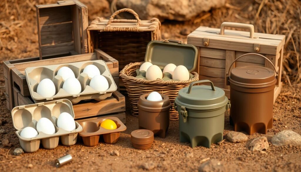 An assortment of sturdy, practical egg holders designed for outdoor camping, carefully arranged on a natural, earthy background. Weathered wooden crates, woven baskets, and sleek metal containers in muted tones of tan, brown, and olive green. Soft, warm lighting casts gentle shadows, highlighting the organic textures and rustic charm of the scene. The egg holders are positioned to showcase their clever features, such as secure compartments, carrying handles, and protective lids, making them ideal companions for campsite breakfasts. A serene, nature-inspired atmosphere evokes the tranquility of the great outdoors, conveying the essential qualities needed in the best egg holders for al fresco dining. An assortment of sturdy, practical egg holders designed for outdoor camping, carefully arranged on a natural, earthy background. Weathered wooden crates, woven baskets, and sleek metal containers in muted tones of tan, brown, and olive green. Soft, warm lighting casts gentle shadows, highlighting the organic textures and rustic charm of the scene. The egg holders are positioned to showcase their clever features, such as secure compartments, carrying handles, and protective lids, making them ideal companions for campsite breakfasts. A serene, nature-inspired atmosphere evokes the tranquility of the great outdoors, conveying the essential qualities needed in the best egg holders for al fresco dining.