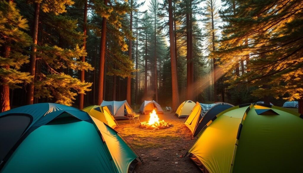 An awe-inspiring campsite nestled in a serene forest, with a variety of high-quality camping tents in the foreground, showcasing their distinctive designs and features. The tents are illuminated by warm, golden sunlight filtering through the lush, verdant canopy above, casting gentle shadows across the scene. In the middle ground, a crackling campfire invites adventurers to gather and enjoy the tranquility of the great outdoors. The background is filled with towering pine trees, their majestic silhouettes reaching towards the sky, creating a sense of scale and depth. The overall atmosphere is one of adventure, comfort, and a deep connection with nature, capturing the essence of why your choice of camping tent can make or break your outdoor experience. An awe-inspiring campsite nestled in a serene forest, with a variety of high-quality camping tents in the foreground, showcasing their distinctive designs and features. The tents are illuminated by warm, golden sunlight filtering through the lush, verdant canopy above, casting gentle shadows across the scene. In the middle ground, a crackling campfire invites adventurers to gather and enjoy the tranquility of the great outdoors. The background is filled with towering pine trees, their majestic silhouettes reaching towards the sky, creating a sense of scale and depth. The overall atmosphere is one of adventure, comfort, and a deep connection with nature, capturing the essence of why your choice of camping tent can make or break your outdoor experience.