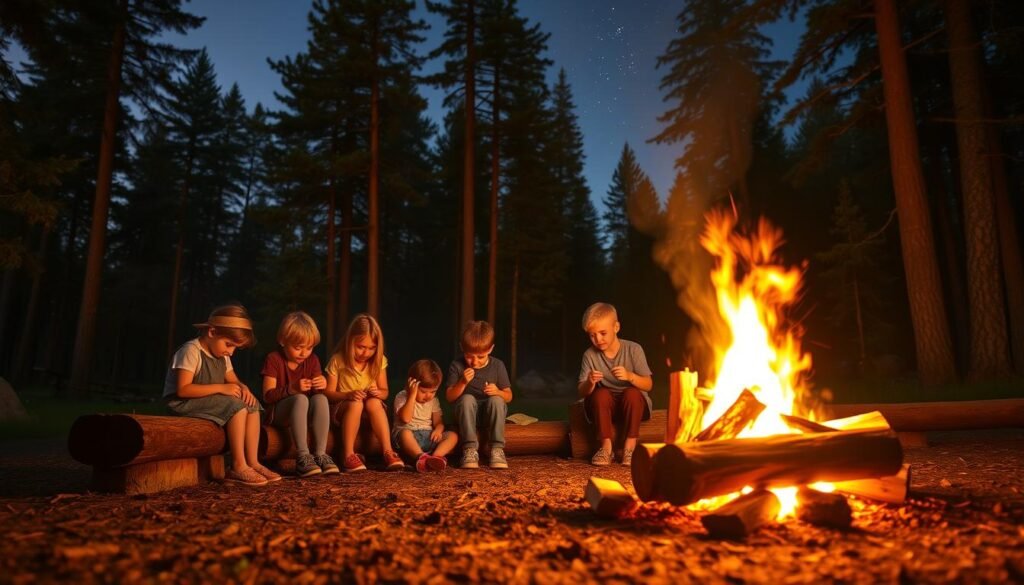An evening campfire in a peaceful forest clearing, with kids gathered around making simple crafts by its warm glow. Flickering flames cast a cozy orange light, illuminating a log bench where children create DIY projects like woven bracelets, pine cone critters, and nature-inspired keepsakes. In the background, tall evergreen trees sway gently, and a starry night sky peeks through the canopy. The atmosphere is serene and calming, perfect for fostering creativity and connecting with the great outdoors.
