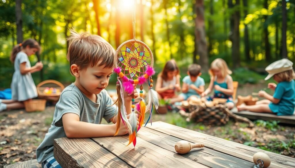 An idyllic outdoor scene showcasing the benefits of nature-based camping crafts for kids. In the foreground, a young child sits at a wooden table, crafting a vibrant dreamcatcher using natural materials like feathers, twigs, and colorful strings. The middle ground features a group of children engaged in various hands-on activities, such as weaving baskets, carving wooden animals, and painting with natural pigments. In the background, a lush forest backdrop sets the stage, with sunlight filtering through the canopy, casting a warm, inviting glow. The overall atmosphere exudes a sense of tranquility, creativity, and a deep connection to the natural world.