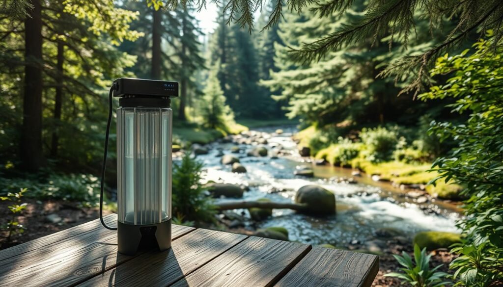 An outdoor campsite nestled in a lush, verdant forest. In the foreground, a state-of-the-art water filtration system stands on a weathered wooden table, its sleek design and advanced components a testament to modern camping technology. Dappled sunlight filters through the canopy, casting a warm, natural glow on the scene. In the middle ground, a crystal-clear stream winds its way through the undergrowth, its gentle flow a soothing backdrop. The background is filled with towering evergreen trees, their branches swaying gently in a light breeze. The overall mood is one of tranquility, with an emphasis on the importance of clean, reliable water access for a successful and enjoyable outdoor adventure. An outdoor campsite nestled in a lush, verdant forest. In the foreground, a state-of-the-art water filtration system stands on a weathered wooden table, its sleek design and advanced components a testament to modern camping technology. Dappled sunlight filters through the canopy, casting a warm, natural glow on the scene. In the middle ground, a crystal-clear stream winds its way through the undergrowth, its gentle flow a soothing backdrop. The background is filled with towering evergreen trees, their branches swaying gently in a light breeze. The overall mood is one of tranquility, with an emphasis on the importance of clean, reliable water access for a successful and enjoyable outdoor adventure.