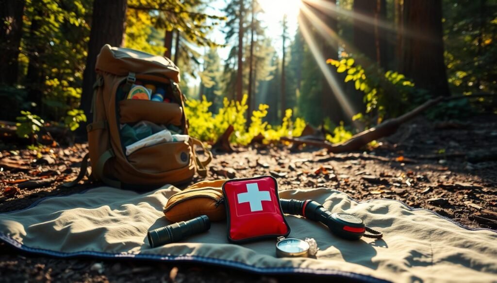Camping essentials for kids in vibrant daylight, a sturdy backpack filled with supplies resting on a rugged forest floor, surrounded by lush greenery and warm sunbeams filtering through the canopy. In the foreground, a first-aid kit, flashlight, and compass rest on a soft blanket, conveying a sense of preparedness and safety. The scene exudes a serene, adventurous atmosphere, capturing the essence of the "Safety First: Emergency Preparedness" section of the camping article. Camping essentials for kids in vibrant daylight, a sturdy backpack filled with supplies resting on a rugged forest floor, surrounded by lush greenery and warm sunbeams filtering through the canopy. In the foreground, a first-aid kit, flashlight, and compass rest on a soft blanket, conveying a sense of preparedness and safety. The scene exudes a serene, adventurous atmosphere, capturing the essence of the "Safety First: Emergency Preparedness" section of the camping article.