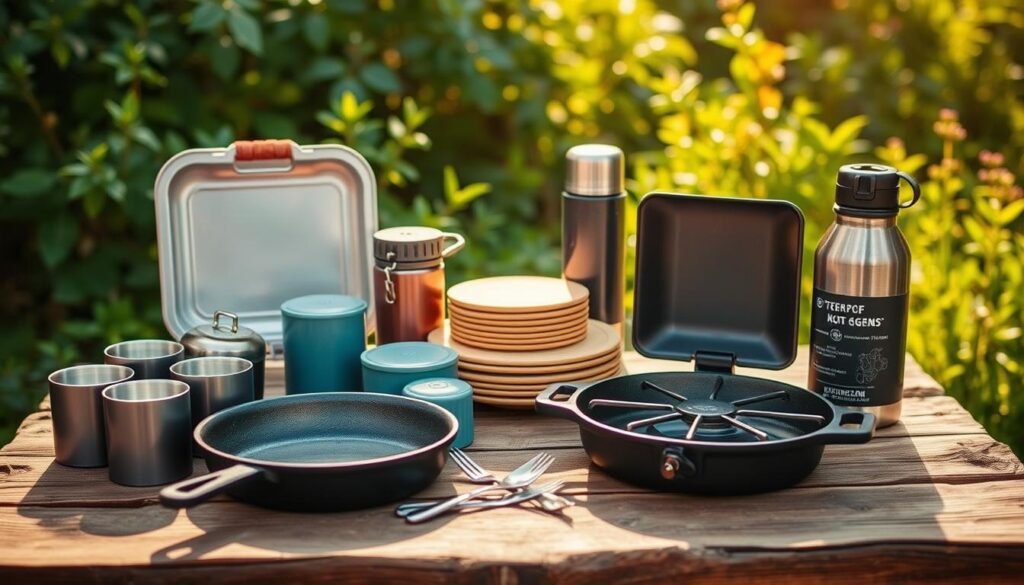 Camping kitchen essentials arranged on a rustic wooden table, illuminated by warm natural lighting. In the foreground, a cast-iron skillet, a mess kit with cups and utensils, and a portable gas stove. In the middle ground, a stack of wooden plates, a thermos, and a water bottle. In the background, a backdrop of lush greenery, hinting at the outdoor setting. The scene conveys a sense of simplicity, functionality, and connection with nature, perfect for the "Campsite Kitchen Must-Haves" section of the article. Camping kitchen essentials arranged on a rustic wooden table, illuminated by warm natural lighting. In the foreground, a cast-iron skillet, a mess kit with cups and utensils, and a portable gas stove. In the middle ground, a stack of wooden plates, a thermos, and a water bottle. In the background, a backdrop of lush greenery, hinting at the outdoor setting. The scene conveys a sense of simplicity, functionality, and connection with nature, perfect for the "Campsite Kitchen Must-Haves" section of the article.