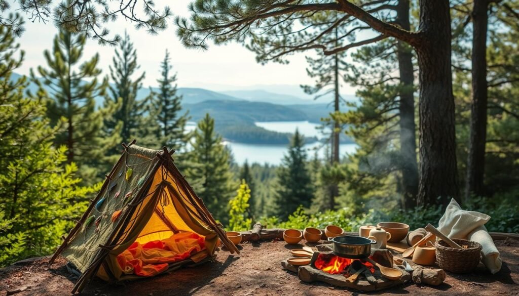 Cozy camping shelter crafts in a peaceful forest setting. In the foreground, a whimsical, handcrafted tent made from natural materials like twigs, leaves, and colorful fabrics. Nearby, a small campfire with a cooking pot suspended over it, and a collection of wooden spoons, bowls, and other nature-inspired camping supplies. The middle ground features lush, verdant foliage and towering pine trees, creating a serene, outdoor ambiance. In the distance, a glimpse of a clear, glistening lake surrounded by rolling hills. The lighting is soft and warm, with dappled sunlight filtering through the canopy above. The overall mood is cozy, inviting, and in harmony with the natural environment.