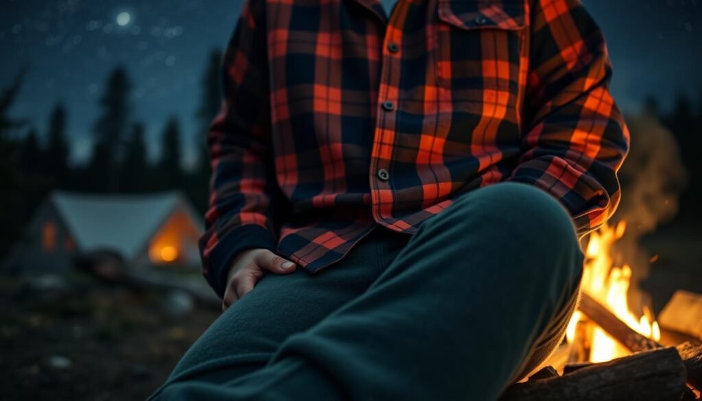 Cozy outdoor sleepwear for a starry night camping adventure. A soft, oversized flannel button-down shirt in a warm, rustic plaid pattern. Paired with thick, woolen pajama bottoms in a muted forest green hue. The outfit is illuminated by the gentle glow of a campfire, casting a warm, inviting ambiance across the serene wilderness scene. The camera angle is close, capturing the comfortable, lived-in textures of the fabrics. Lighting is natural, with subtle shadows accentuating the details. The overall mood is one of tranquility and relaxation, evoking the peace of resting under the stars after a day of outdoor exploration. Cozy outdoor sleepwear for a starry night camping adventure. A soft, oversized flannel button-down shirt in a warm, rustic plaid pattern. Paired with thick, woolen pajama bottoms in a muted forest green hue. The outfit is illuminated by the gentle glow of a campfire, casting a warm, inviting ambiance across the serene wilderness scene. The camera angle is close, capturing the comfortable, lived-in textures of the fabrics. Lighting is natural, with subtle shadows accentuating the details. The overall mood is one of tranquility and relaxation, evoking the peace of resting under the stars after a day of outdoor exploration.