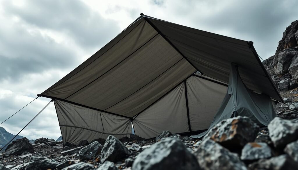 High-contrast, close-up photograph of an expertly-crafted tarp shelter in a rugged, mountainous outdoor scene. The tarp is made of heavy-duty, weather-resistant material and is tensioned tightly over a sturdy, freestanding frame, creating a spacious interior with clean lines and an angular, geometric design. The shelter is situated amidst craggy rocks, with a moody, overcast sky in the background, suggesting a challenging, remote environment. Dramatic lighting from the side illuminates the intricate details of the tarp's construction, as well as the weathered textures of the surrounding terrain. The overall scene conveys a sense of resilience, preparedness, and technical expertise in crafting an effective shelter for harsh, unpredictable outdoor conditions.