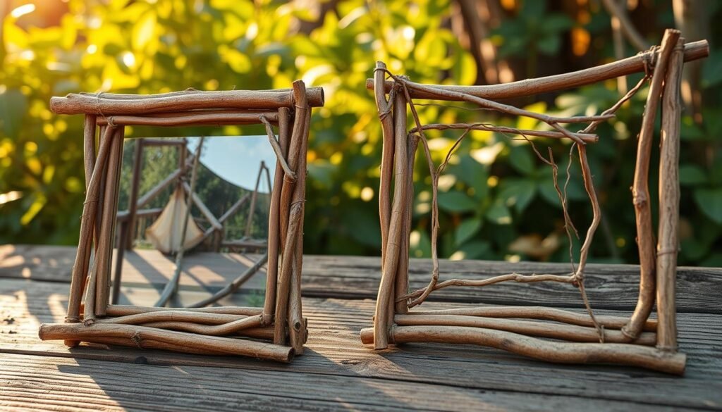 Intricately crafted picture frames made from natural twigs and branches, arranged in a captivating display. Gnarled, textured sticks with varying thicknesses and tones create a rustic, earthy aesthetic. Delicate twigs intertwine to form elegant geometric shapes, casting gentle shadows that accentuate the organic qualities. The frames are positioned on a weathered wooden surface, surrounded by lush greenery and a warm, golden lighting that evokes a serene, outdoor atmosphere. The overall composition exudes a sense of simplicity, creativity, and a connection to the natural world, perfectly capturing the essence of a camping craft for kids.