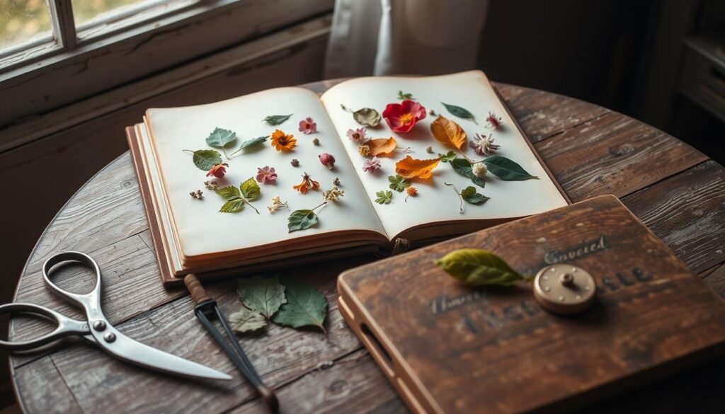 Leaf and flower pressing journals, handcrafted with care. A rustic wooden table, weathered and worn, serves as the backdrop. Atop it, an open journal with pressed leaves and delicate blooms, their colors vibrant against the aged pages. Soft, natural lighting filters through a nearby window, casting a warm glow across the scene. In the foreground, an array of vintage tools - scissors, tweezers, and a pressing board - all bearing the marks of time. The overall atmosphere is one of quiet contemplation, inviting the viewer to explore the beauty of nature's ephemeral gifts, preserved within the pages of these handmade journals.