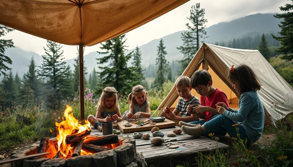 Rainy day camping scene with children crafting outdoors under a canopy. Soft natural lighting filters through the clouds, creating a cozy, atmospheric vibe. In the foreground, a group of kids gathered around a wooden table, engrossed in various DIY projects - weaving leaf crowns, carving wooden trinkets, and painting rocks. Nearby, a campfire crackles, its flickering flames casting warm shadows. The middle ground features a weathered tent, its canvas rippling gently in the breeze, surrounded by lush greenery and wildflowers. In the background, towering pine trees and a distant mountain range create a serene, wilderness backdrop. The scene exudes a sense of creativity, adventure, and the joy of embracing nature, even on a rainy day.