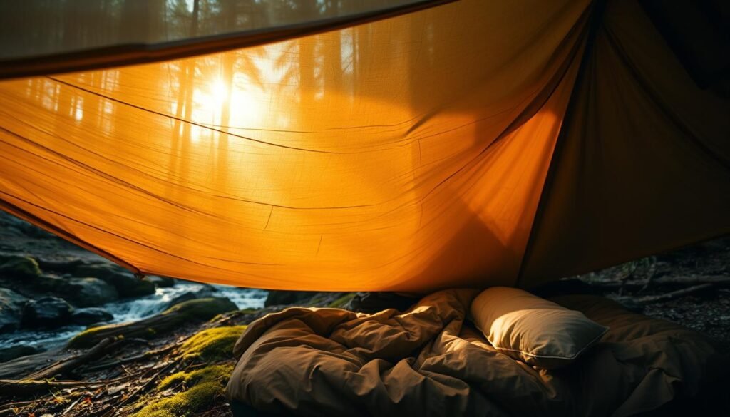 Tarp suspended over a rugged campsite, casting a warm glow on the scene. A cozy sleeping area with a plush sleeping bag and pillow nestled beneath. Dappled sunlight filters through the tarp's folds, illuminating the natural surroundings - a mossy forest floor, towering pines, and a bubbling stream nearby. The tarp's fabric has a tactile, weathered appearance, suggesting it has been well-used on many outdoor adventures. A sense of peaceful solitude and connection with nature pervades the image. Lighting is soft and diffused, creating an atmospheric, meditative mood. The camera angle is slightly elevated, inviting the viewer to fully immerse themselves in this tranquil tarp camping scene.