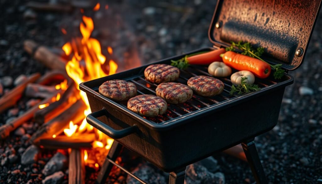Warm campfire embers flickering in the golden hour light, casting a soft glow on a well-seasoned cast-iron charcoal grill. Juicy burgers sizzle, releasing the savory aroma of grilled perfection. Crisp vegetables and fresh herbs adorn the scene, hinting at the delectable camp-style fare to come. The grill's sturdy frame and weathered exterior suggest years of faithful service, ready to deliver another memorable meal under the stars. Shadows dance across the rugged terrain, creating a cozy, inviting atmosphere for this outdoor culinary adventure.