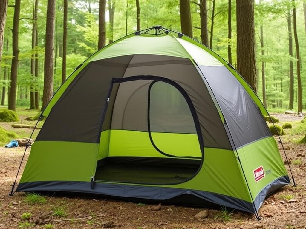 Coleman 4-Person Camp Burst Pop Up Tent set up in a forest campsite