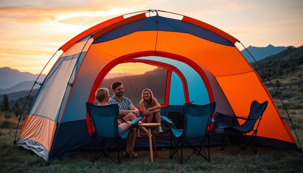 Family enjoying a campsite with a pop up camping tent set up nearby Family enjoying a campsite with a pop up camping tent set up nearby