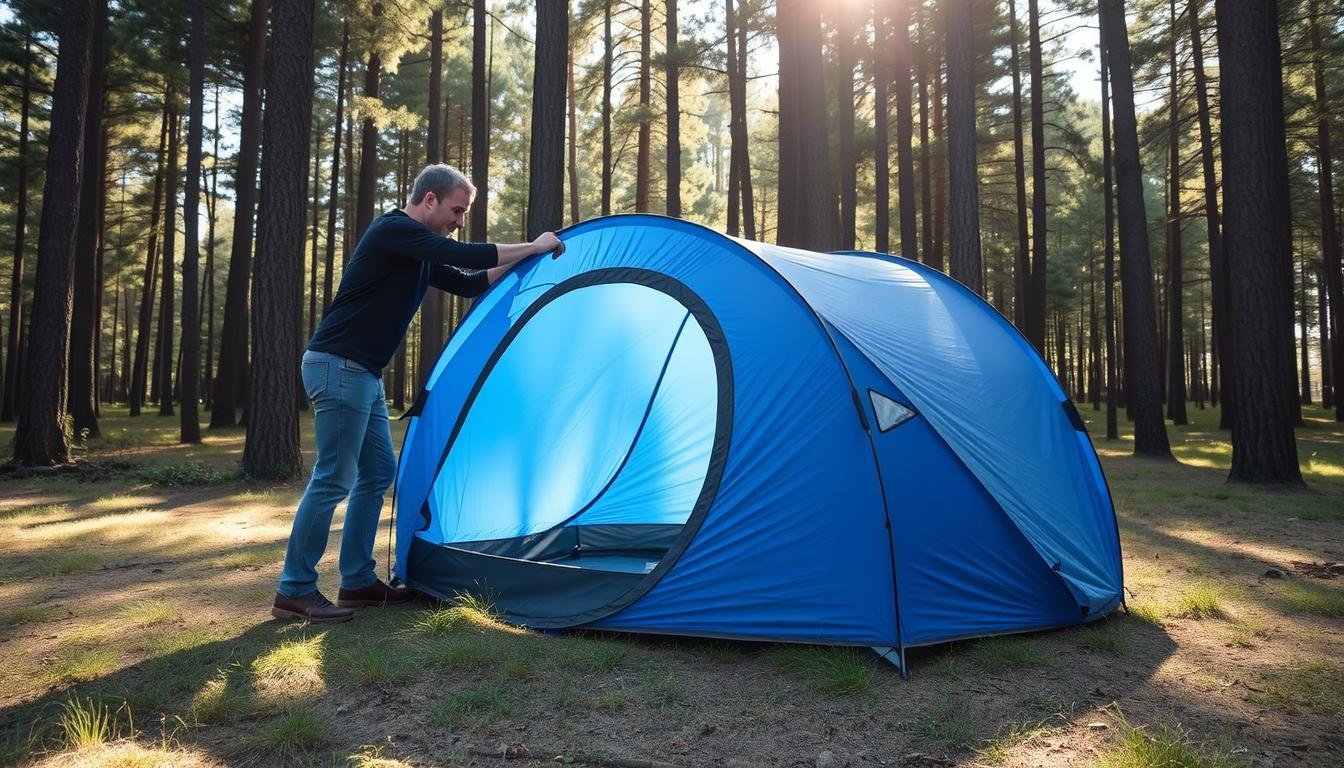 Person setting up a pop up camping tent in a forest clearing