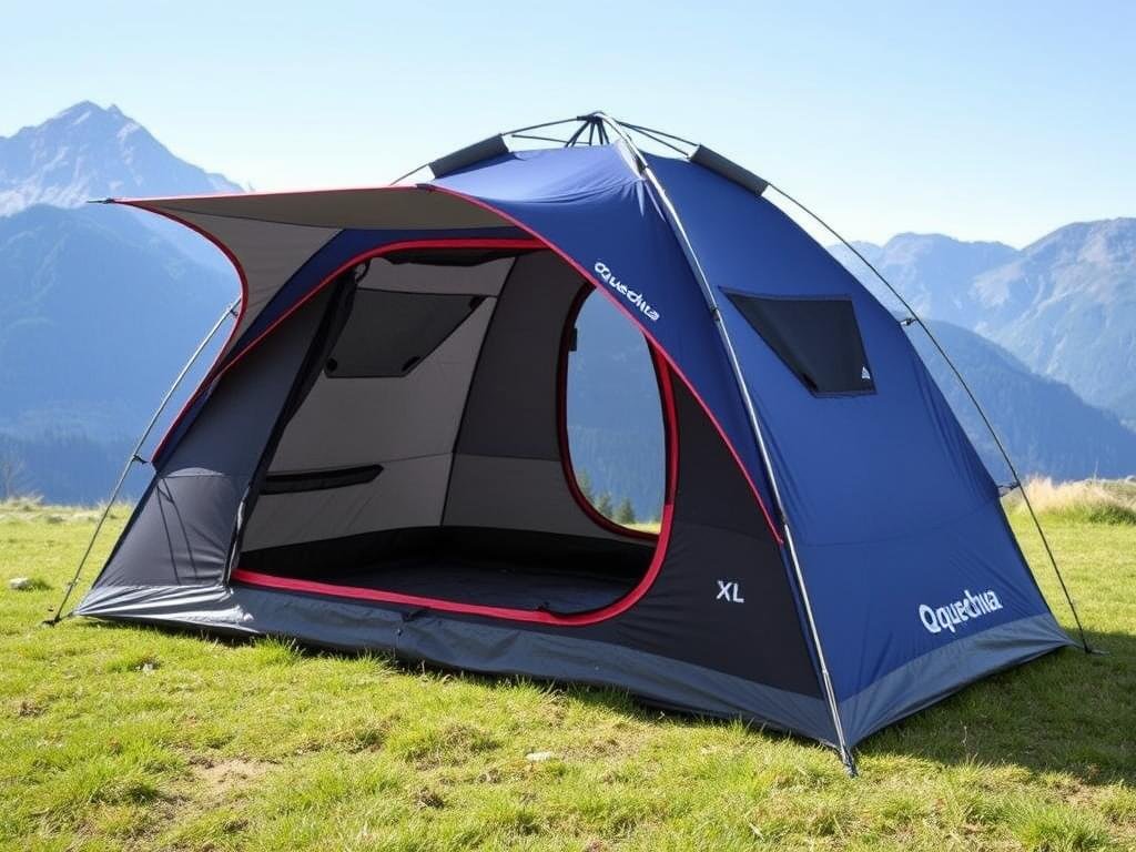 Quechua 2 Seconds XL Fresh & Black pop up camping tent fully set up in a campsite
