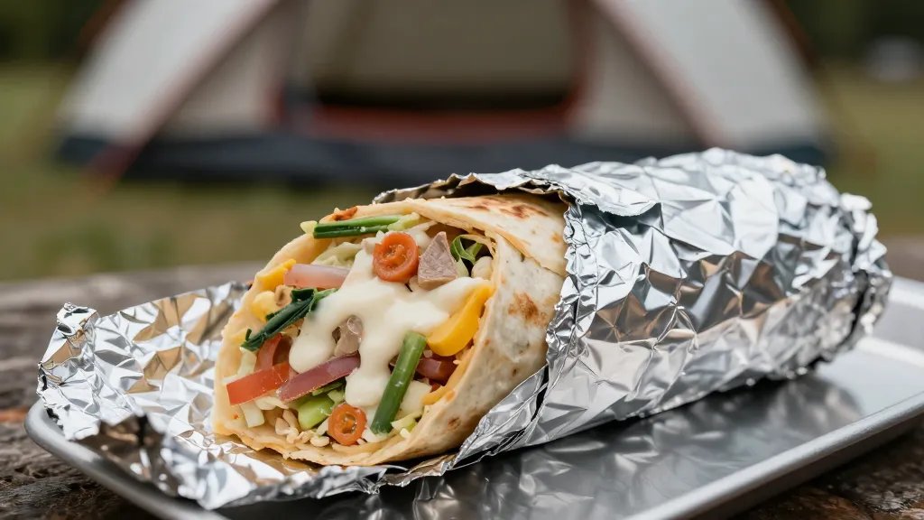 Closeup of breakfast burrito wrapped in foil at campsite