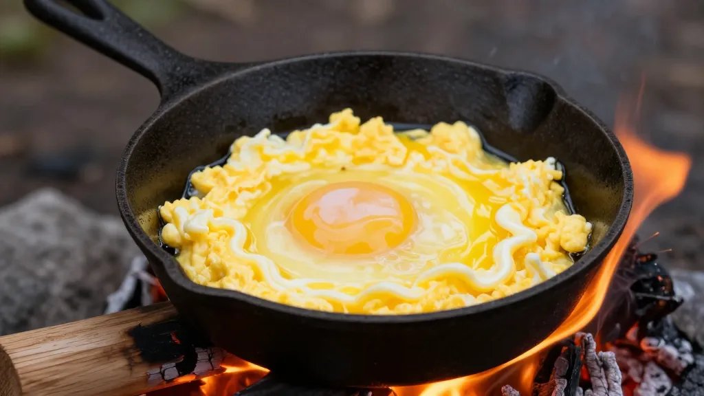 Cast iron skillet with scrambled eggs over campfire