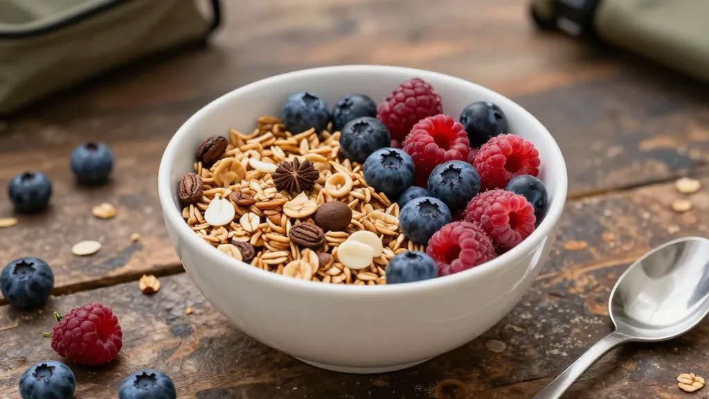 Granola bowl with berries on rustic camping table