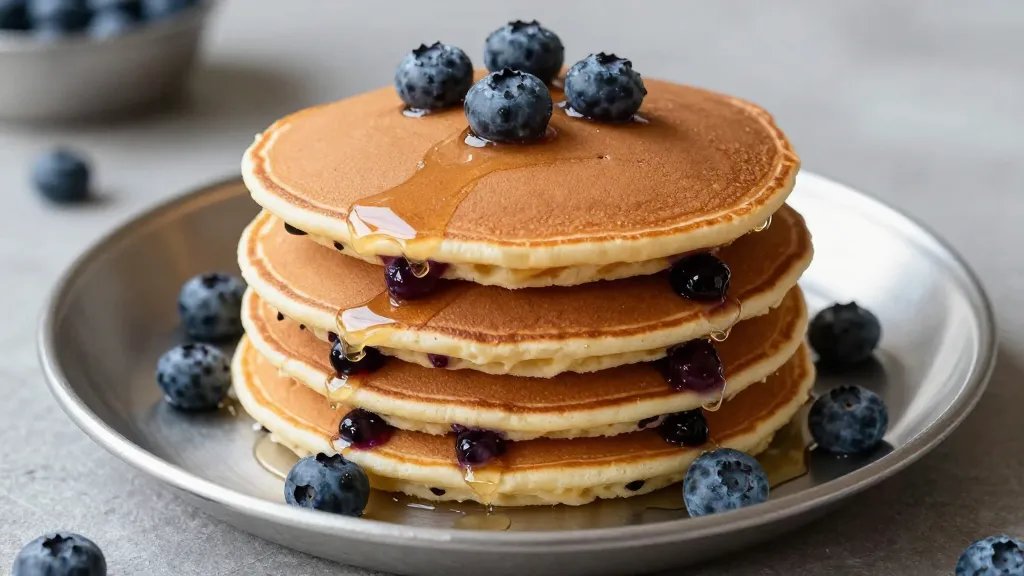 Stack of blueberry pancakes on tin camping plate