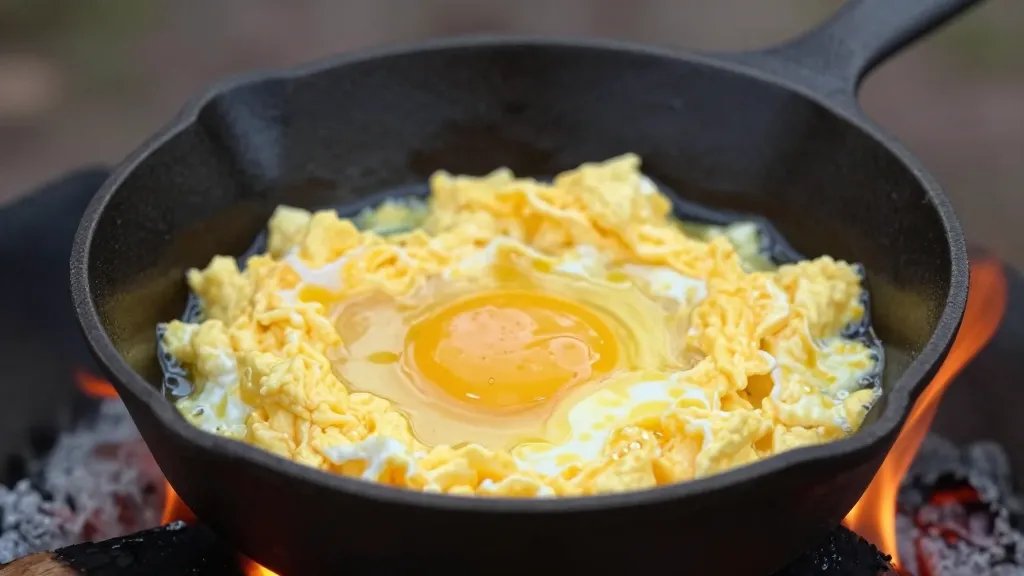 Closeup of cast iron skillet with scrambled eggs over campfire