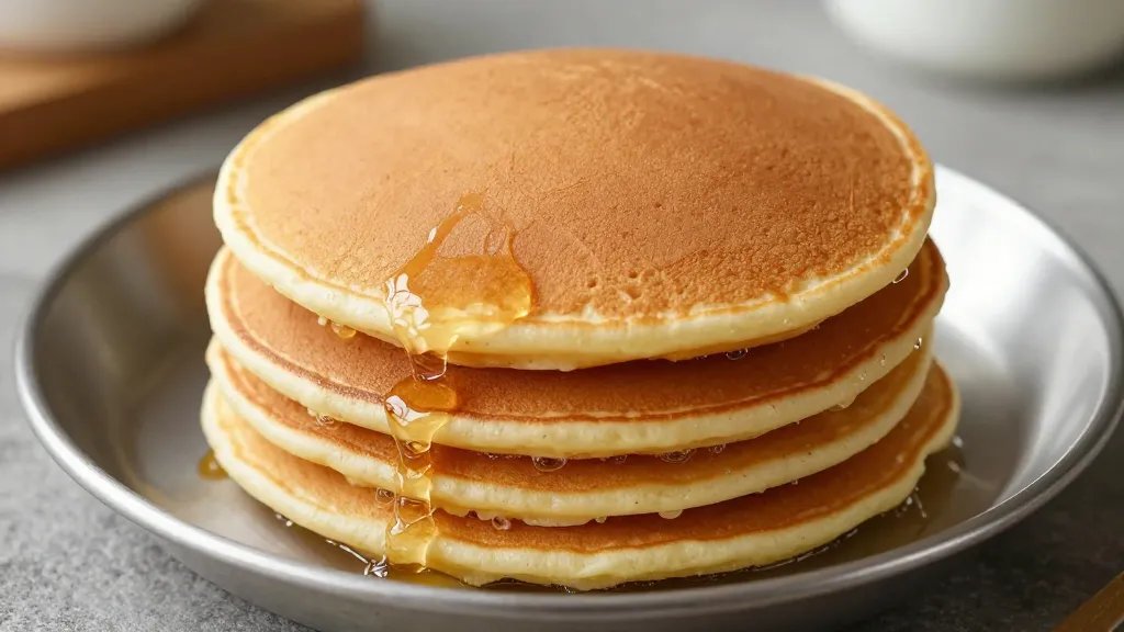 Stack of golden pancakes on tin camping plate