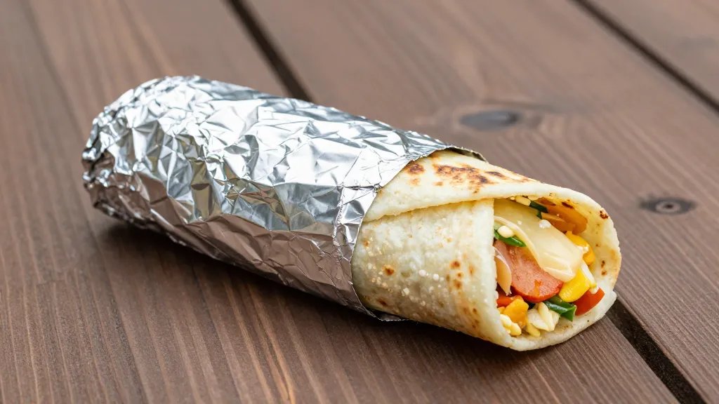 Breakfast burrito wrapped in foil on wooden picnic table