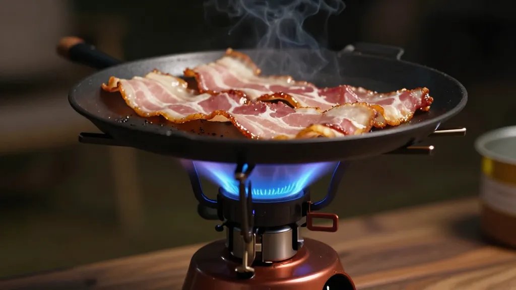 Portable camping stove with blue flame cooking bacon