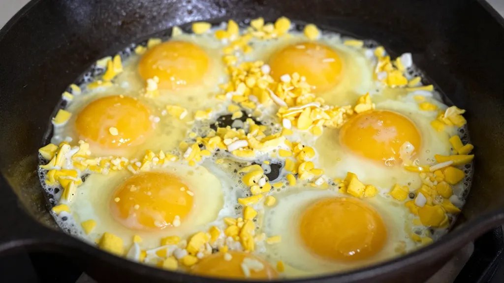 Closeup of scrambled eggs cooking in cast iron skillet
