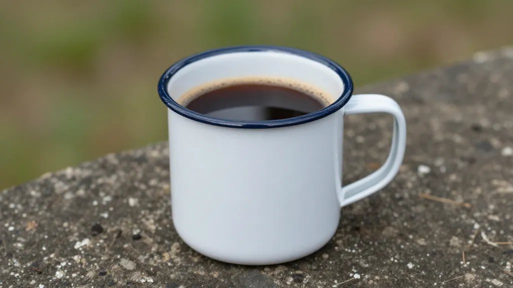 Single enamel camping mug with hot coffee outdoors