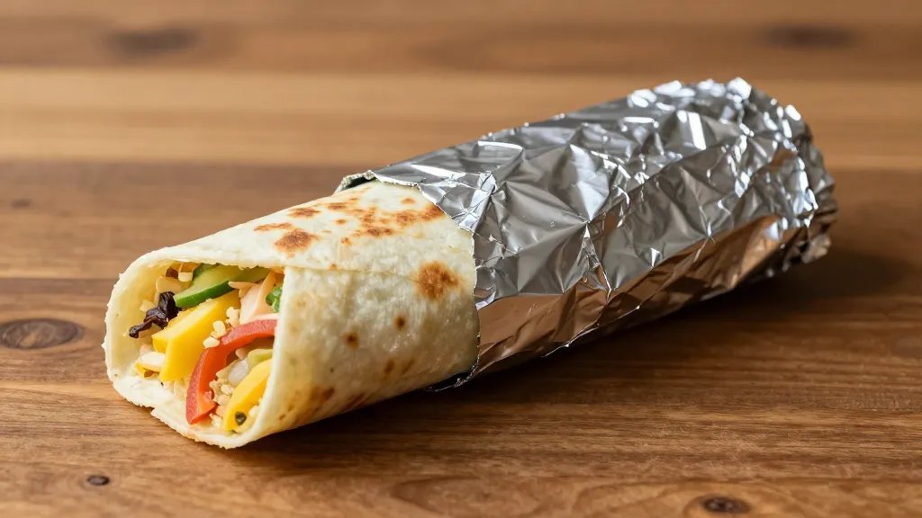 Breakfast burrito wrapped in foil on wooden table